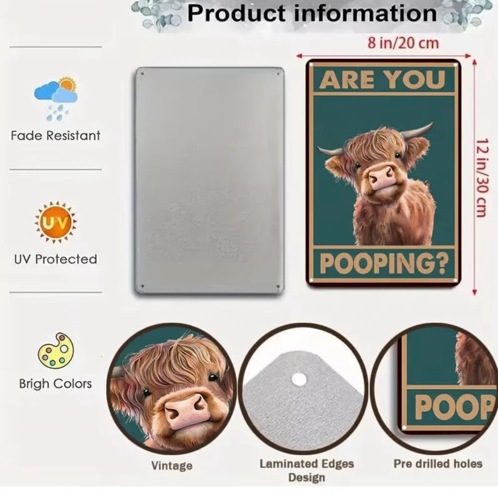 Vintage Highland Cow Tin Sign: Funny “Are You Pooping?”8”X12” Bathroom Wall Deco